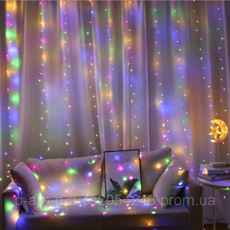 Світлодіодна гірлянда "Крапля роси" штора curtain led 3 на 2 метри різнокольорова RGB з пультом Д/У