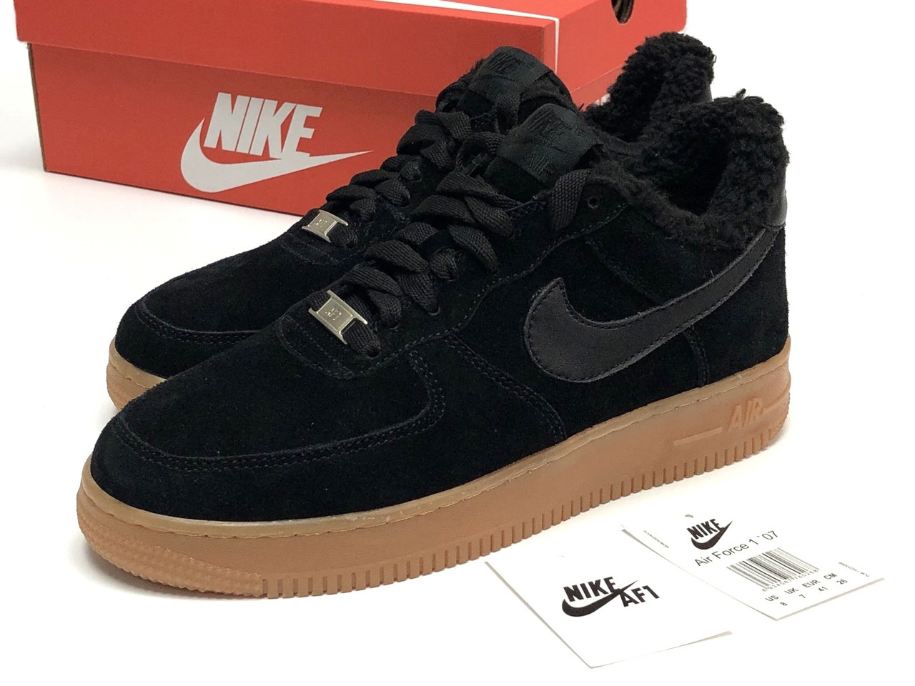 Зимові кросівки Nike Air Force 1 low Black Найк Форс чорні замшеві чоловічі хутряні утеплені