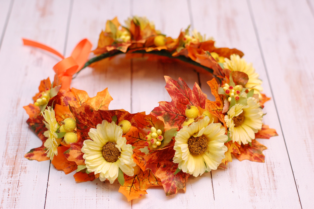 Віночок для волосся осінній / вінок на голову з листям і жовтими квітами 466, фото 1