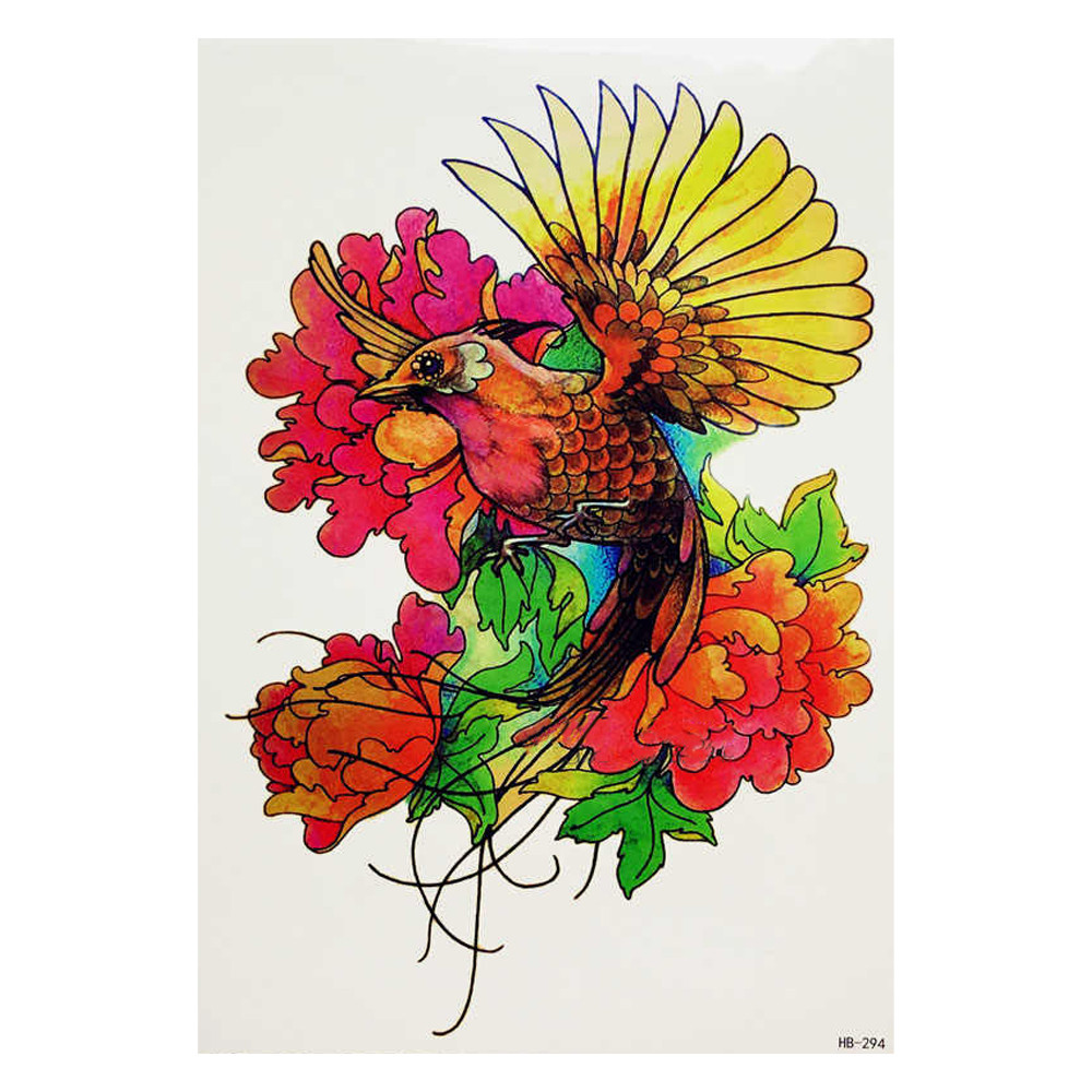 Тимчасове тату Птах на тлі квітів (HB-294, 21x15 см), фото 1