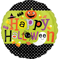 Фольгированный шарик Anagram 18"(45 см) Круг "Happy Halloween" Тыква, мышь, паук и привидения