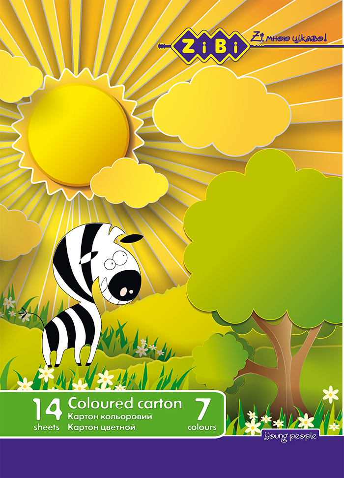 Кольоровий картон А4 односторонній 7 кольорів 14 аркушів 230 г/м2 Zibi ZB.1951, фото 1