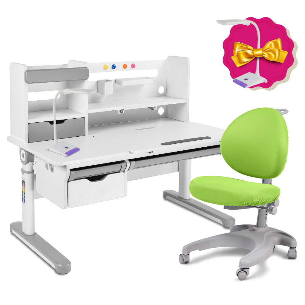 Зростаючий комплект для школярів парта FunDesk Pensare Grey + дитяче ергономічне крісло FunDesk Cielo Green, фото 1