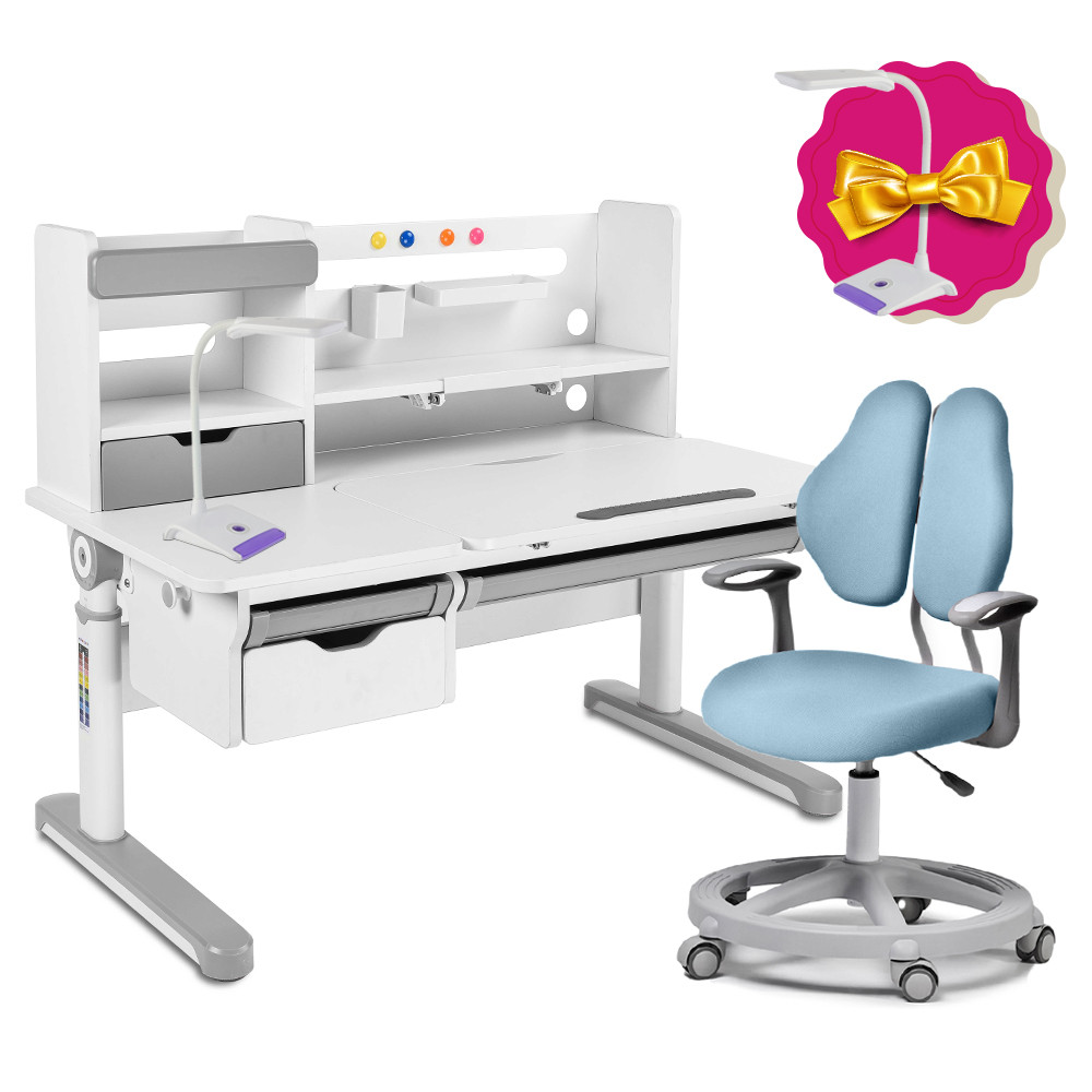 Зростаючий комплект для школярів парта FunDesk Pensare Grey + крісло для дому FunDesk Vetta II Blue, фото 1