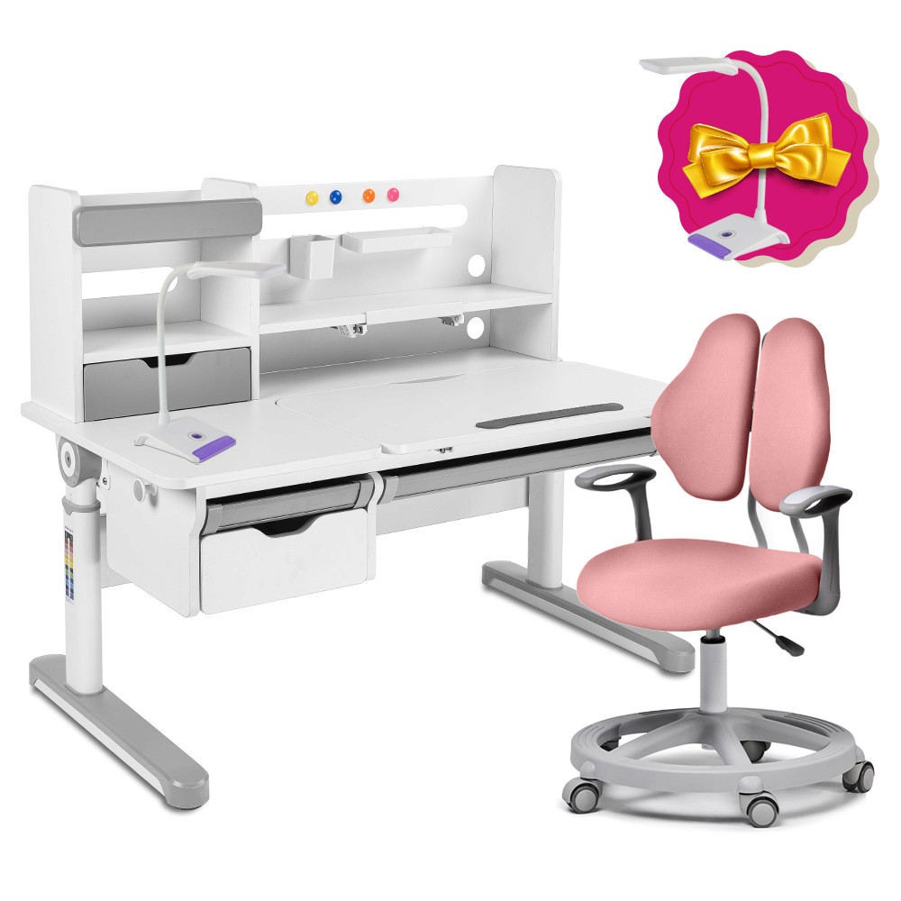 Зростаючий комплект для школярів парта FunDesk Pensare Grey + крісло для дому FunDesk Vetta II Pink