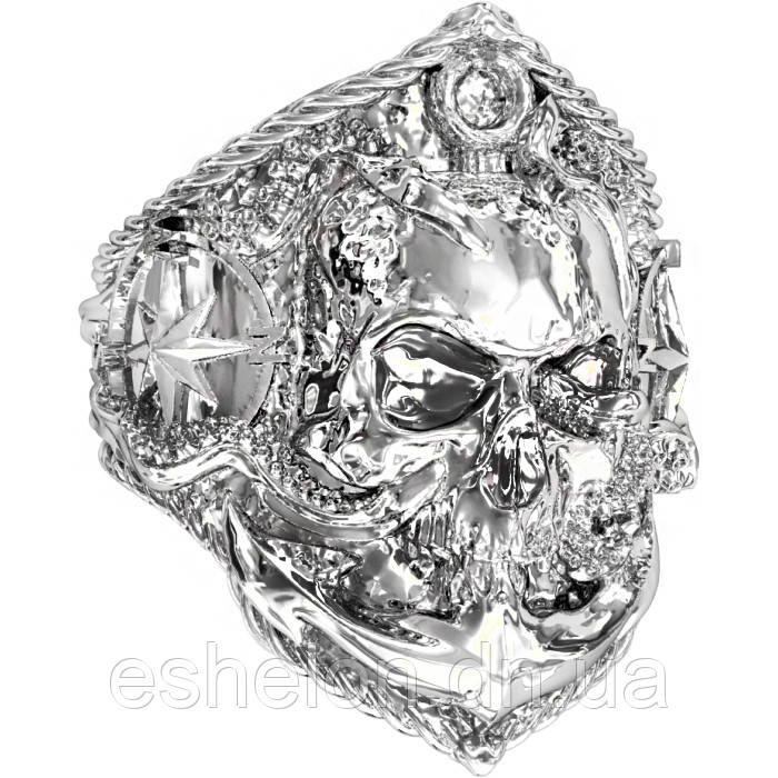 Кільце срібне Череп Моряка, компас, щупальця восьминога, байкерські кільця, фото 1