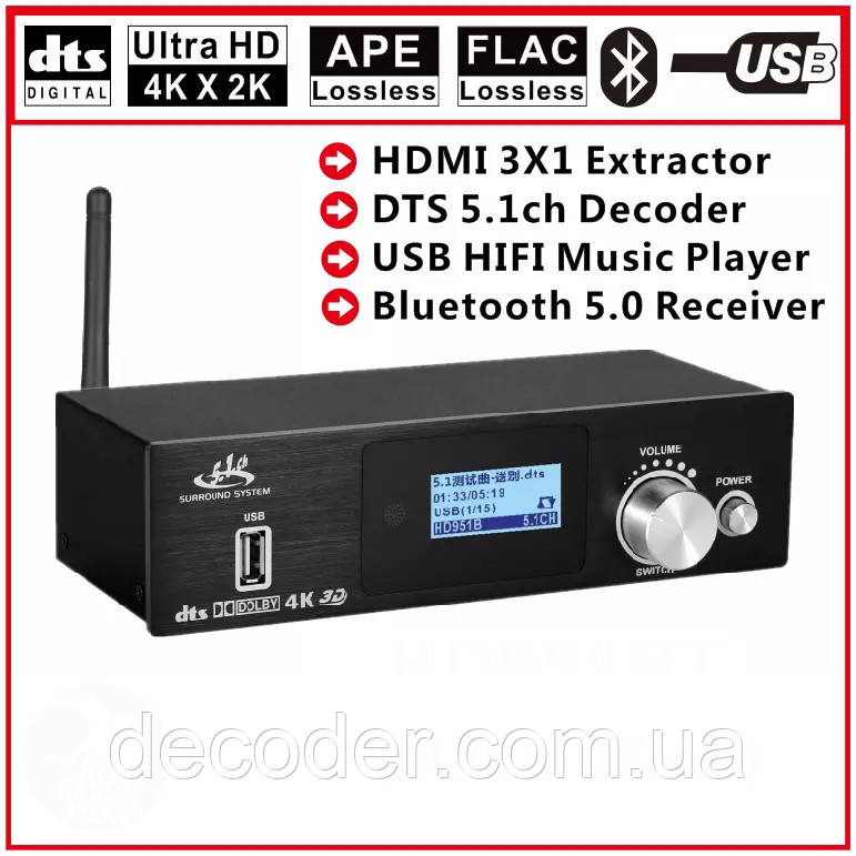 Аудіо декодер ARC 4K HDMI 2.0 конвертер цифрового оптичного 5.1 звуку SPDIF в аналоговий 6 RCA ЦАП(UD951B)