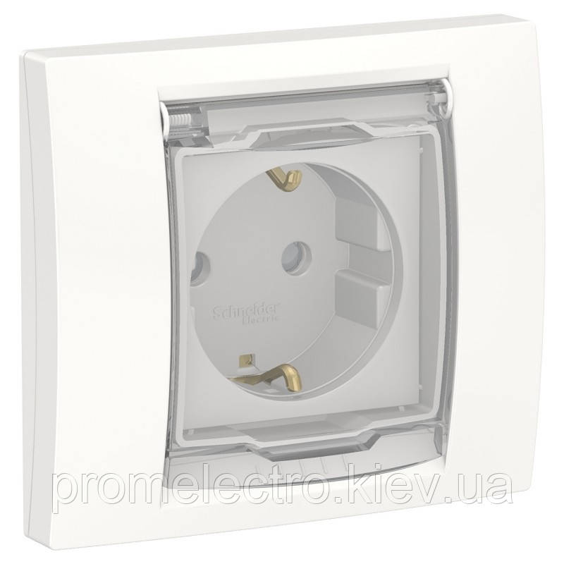 Розетка з з/к з шторками і кришкою IP44, 16А, з рамкою, гвинтові клеми, білий, Unica NEW NU003718