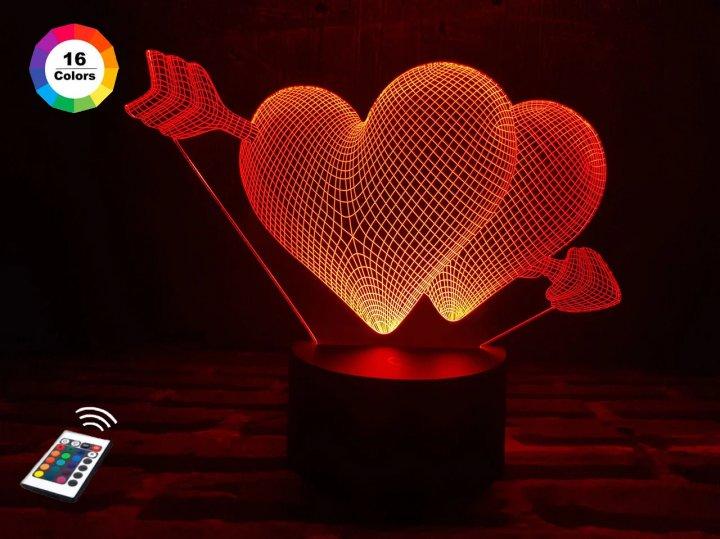 3D нічник "Два серця зі стрілою" (ВОЛІЧНЕ ЗОБРАЖЕННЯ) + пульт ДК + мережевий адаптер + батарейки (3ААА)