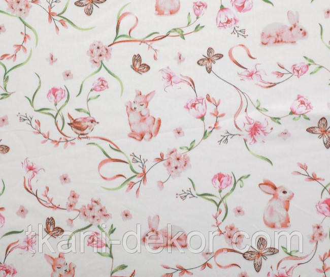 Сатин (бавовняна тканина) Зайці, метелики у квітах (0,45*160), фото 1