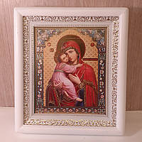 Ікона Володимирська Пресвята Богородиця, лик 15х18 см, у білому дерев'яному кіоті