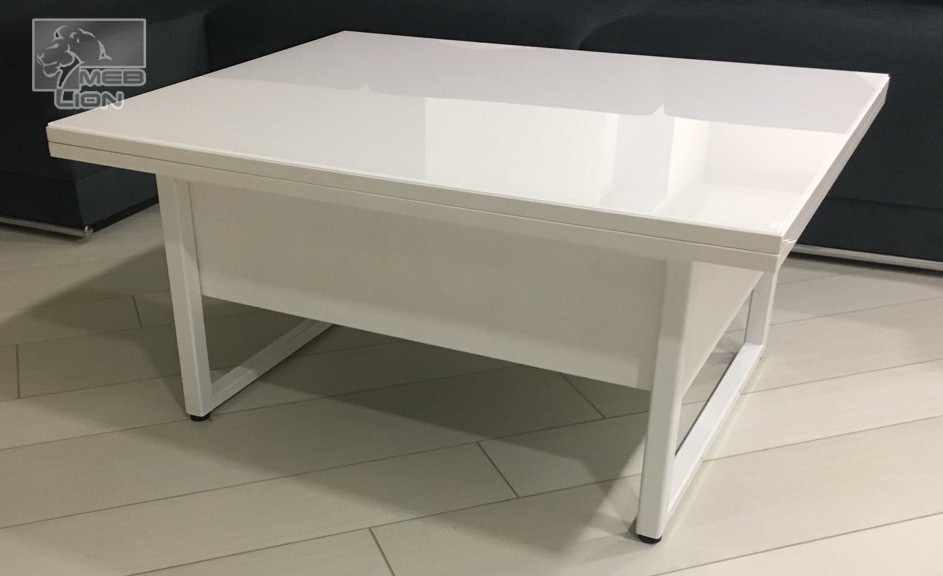 Білий стіл трансформер на металокаркасі зі склом