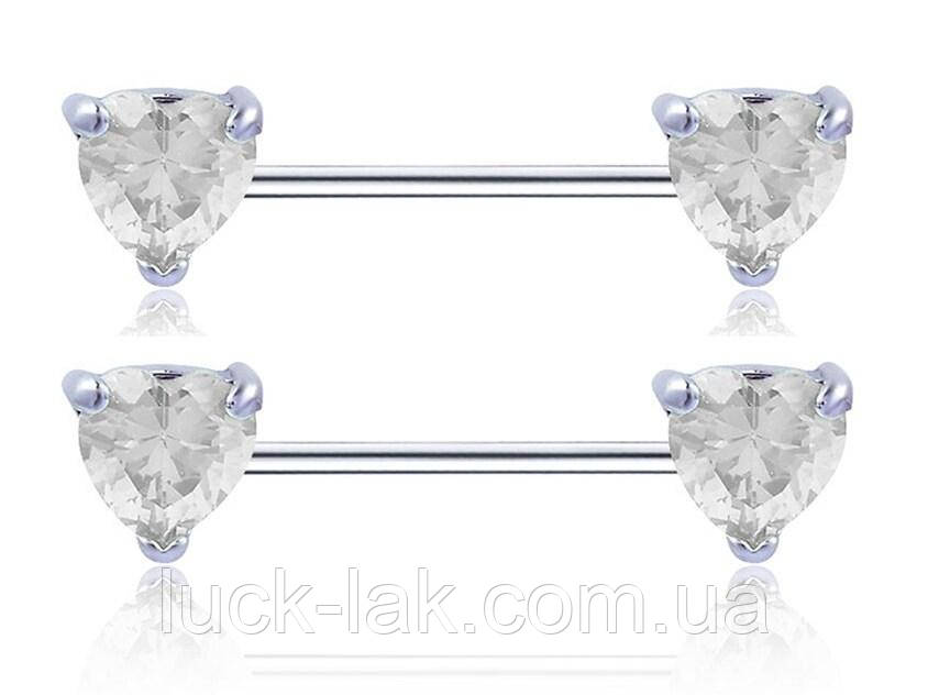 Пірсинг, штанги для сосків із кристалами серця, пари, штанга 16 мм, фото 1