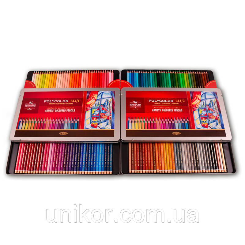 Олівці кольорові Polycolor, 144 кольори, в металевій коробці — набір професійних художніх олівців преміум-якості в розширеній палі, фото 1