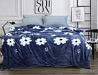 Мягкий теплый плед покрывало велсофт (микрофибра) синий двуспальный Цветы 200х220 на диван, кровать