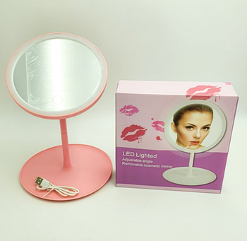 Дзеркало з Led підсвічуванням і акумулятором кругле косметичне для макіяжу UKC 809, рожевий (KG-2969)