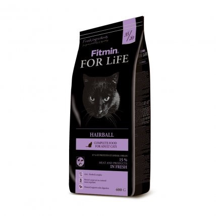 Fitmin cat For Life Hairball / комплексний корм для дорослих довгошерстих кішок Лорі 400 г