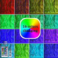 Світлодіодна гірлянда штора завісу RGB "Бахрома" 3*3м 200LED USB 16 кольорів