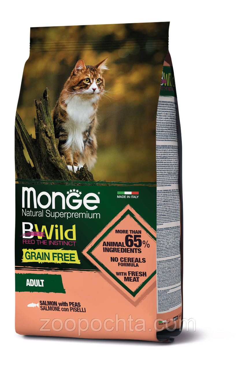 Сухий корм Monge Cat Bwild Gr.free Adult для дорослих котів лосось і горох 1.5КГ, фото 1
