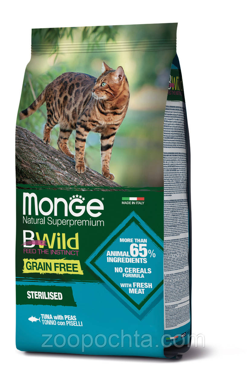 Сухий корм Monge Cat Bwild Gr.free Sterilised для стерилізованих/катрованих котів тунець і горох 1.5КГ
