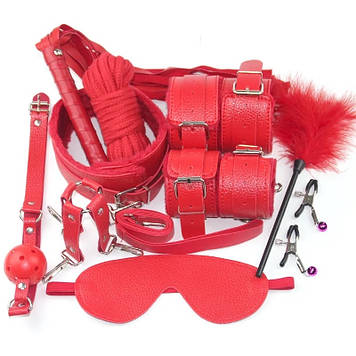 Набір червоний Садо-мазо,фетиш,BDSM.БДСМ 10 аксесуарів; батіг, мотузка 5 м.,маска, кляп,наручники, нашийник,