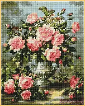 Алмазна вишивка Рожеві троянди у срібній вазі (ST1117, На підрамнику) Babylon 40х50