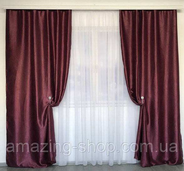 Комплект подвійних штор блекаут софт на тасьмі 150х270 см (2шт) з тюлем шифон 400х270 см Колір Бордовий, фото 1