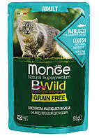 Влажный корм Monge Cat Bwild Gr.free adult для взрослой кошки треска с креветками и овощами 0,085КГх28ШТ