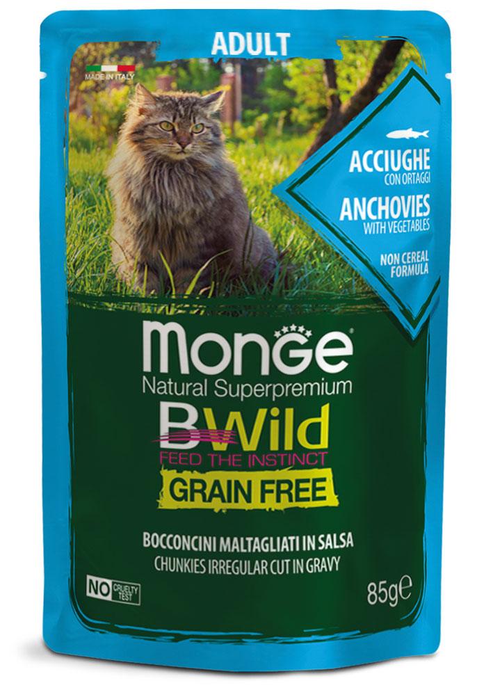 Вологий корм Monge Cat Bwild Gr.free Adult для дорослої кішки анчоус з овочами 0,085КГх28ШТ