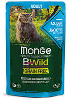 Влажный корм Monge Cat Bwild Gr.free Adult для взрослой кошки анчоус с овощами 0,085КГх28ШТ