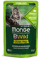 Влажный корм Monge Cat Bwild Gr.free Sterilised для стерилизованных кошек мясо дикого кабана овощи 85ГРх28ШТ