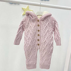 В'язаний комбінезон осінь/зима рожевий з капюшоном Розмір 6-12, 12-18 міс.