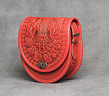 Жіноча шкіряна сумка ручної роботи напівкругла "Калина" з візерунками червона, фото 2