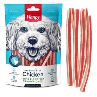 Ласощі для собак Wanpy (Ванпі) Chicken Jerky & Codfish Sandwiches сендвіч з куркою та тріскою 100 г, фото 1