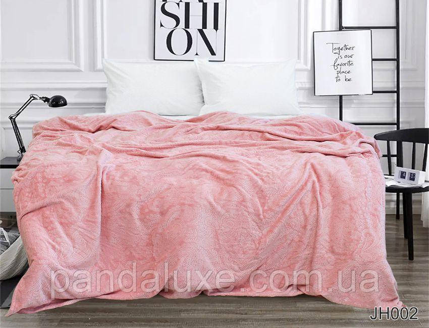 М'який плед покривало велсофт (тиснення) двоспальний Орнамент рожевий 200х220 на диван, ліжко