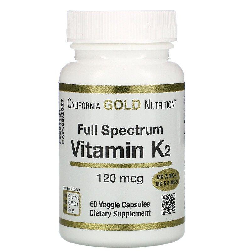 California Gold Nutrition, вітамін K (MK-4, MK-6, MK-7, MK-9), 120 мкг, 60 рослинних капсул