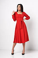 Красное осеннее женское платье с пышной длинной юбкой миди под красный пояс 46, 48