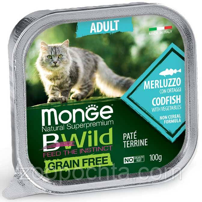 Вологий корм Monge Cat Bwild Gr.free Adult для дорослої кішки, паштет тріска з овочами 0,1КГ