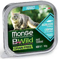 Влажный корм Monge Cat Bwild Gr.free Adult для взрослой кошки, паштет треска с овощами 0,1КГх32ШТ