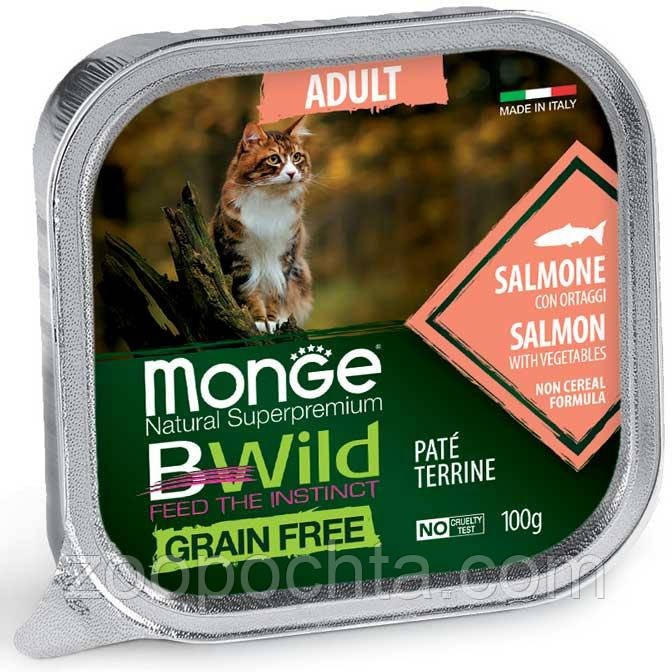Вологий корм Monge Cat Bwild Gr.free Adult для дорослої кішки, паштет лосось з овочами 0,1КГ