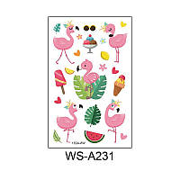 Флеш Тату. 12*8 См. Тимчасова. Перевідна. Набір, Тварини, Фламінго, Листя, Серце, Квіти, Sweet, Ws-A231