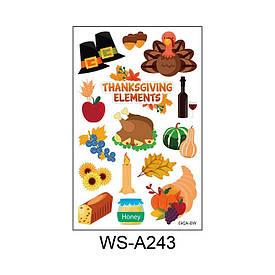 Флеш Тату. 12*8 См. Тимчасова. Перевідна. Набір, День Подяки, Індичка, Свічки, Листя, Ws-A243 (S), Ч/Б
