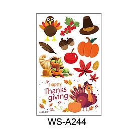 Флеш Тату. 12*8 См. Тимчасова. Перевідна. Набір, День Подяки, Гарбуз, Індичка, Листя, Пір’Я, Ws-A244