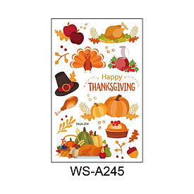 Флеш Тату. 12*8 См. Тимчасова. Перевідна. Набір, День Подяки, Гарбуз, Туреччина, Ws-A245 (S), Ч/Б