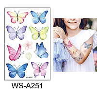 Флеш Тату. 12*8 См. Тимчасова. Перевідна. Набір, Метелики, Квіти. Листя, Ws-A251 (S), Ч/Б