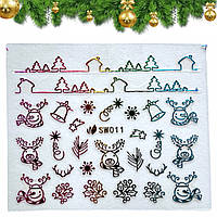 Новорічні 3D-наклейки-стикери для дизайну нігтів на прозорій основі (Олені, омела, дзвіночки) 011