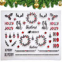 Новорічні 3D-наклейки-стикери для дизайну нігтів на прозорій основі (Написи, ялинці, віночки) 042