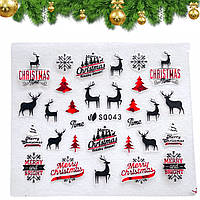Новорічні 3D-наклейки-стикери для дизайну нігтів на прозорій основі (Написи, олені, ялинки, сніжинки) 043