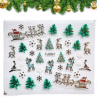 Новорічні 3D наліпки для дизайну нігтів на прозорій основі ( Санки з оленями, олені, ялинки) 057