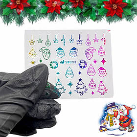 Новорічні 3D стікери-наклейки Дід Мороз, Іграшки, Ялинки 003 для дизайну нігтів на прозорій основі